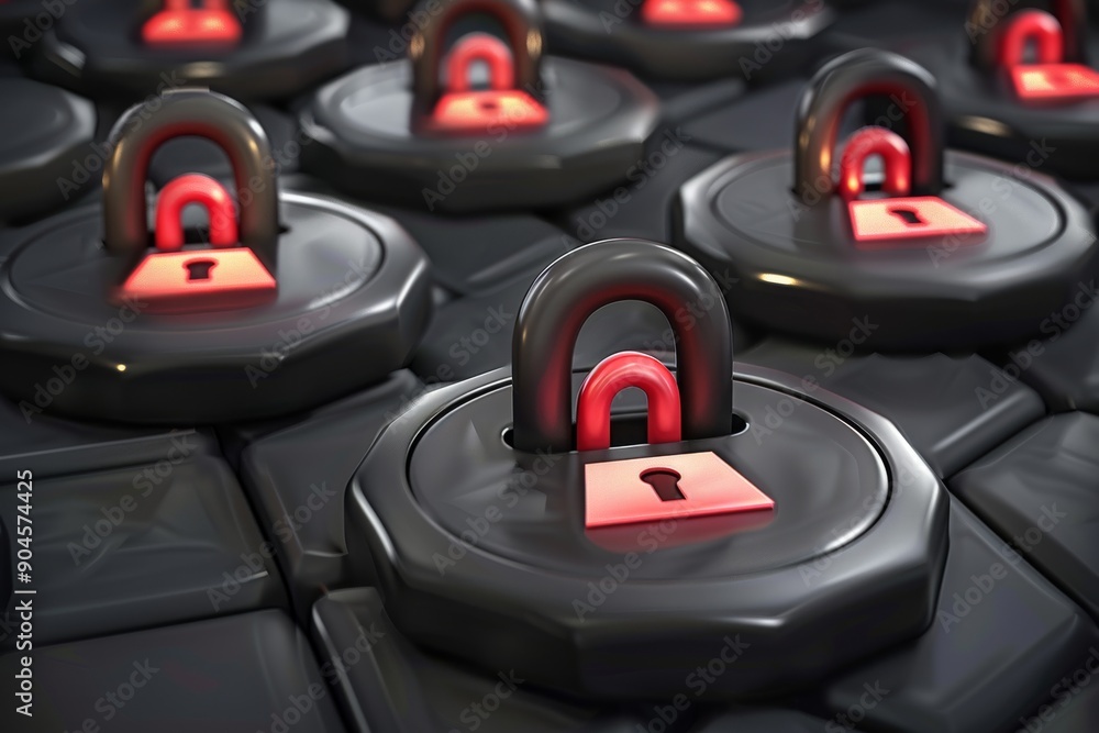 Poster array of red padlocks on a futuristic car dashboard, symbolizing vehicle data security in a connecte