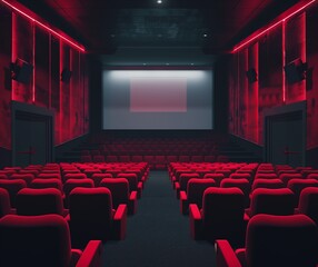 Fototapeta premium Modern Movie Theater with Red Seating and Dramatic Lighting, Empty Cinema Interior