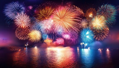Vibrant Night Sky Fireworks Display Over Water