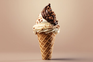 A close-up of a delicious ice cream cone with white and chocolate ice cream, topped with chocolate sauce and cookie crumbles.