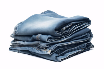 A stack of four pairs of blue jeans, folded neatly, on a white background.