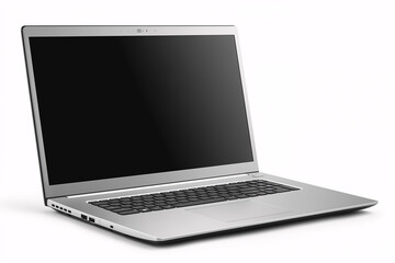A sleek, silver laptop with a black screen sits open on a white background.
