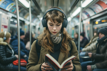 Young woman reads a book while wearing headphones on the subway.