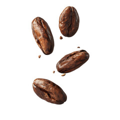 Levitating cracked cocoa beans on transparent background symbolize levitation.