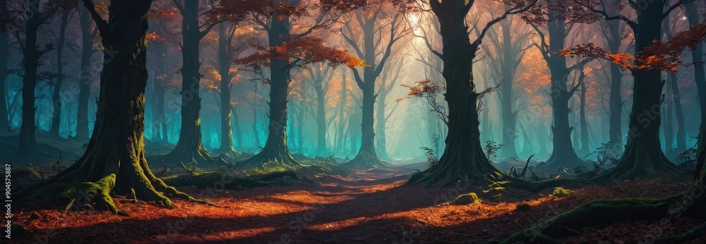 Poster mystical forest path with fog and sunlight.
