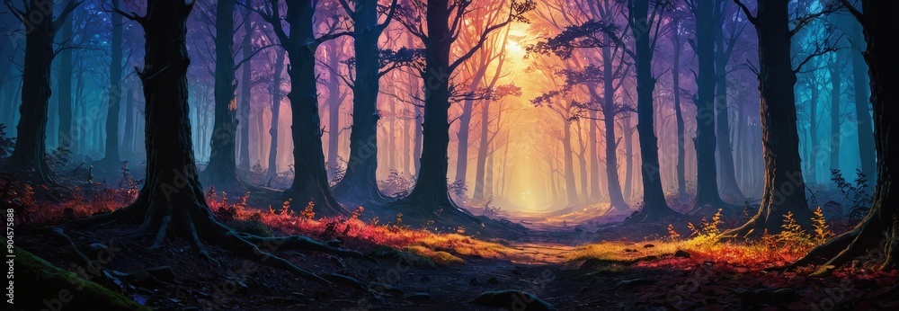 Poster mystical forest path with golden light.