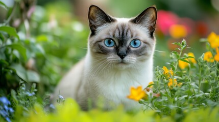 Obraz premium Close-up of a beautiful blue-eyed Siamese kitten looking at the camera. Portrait of a cute kitten sitting on a flowerbed in soft light.