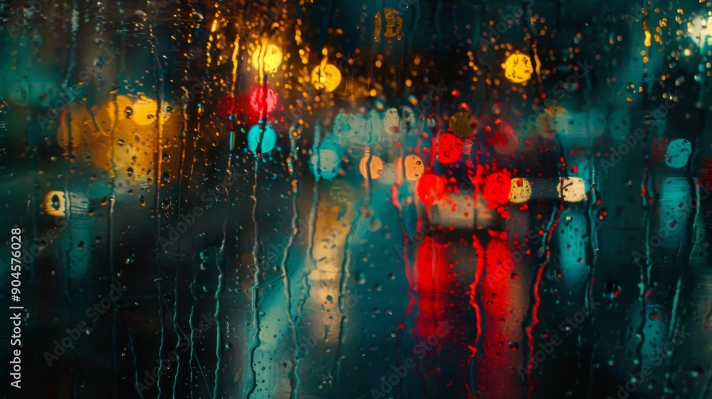 Fototapete Traffic lights glowing through the raindrops on a wet window, creating a blurred and colorful effect.