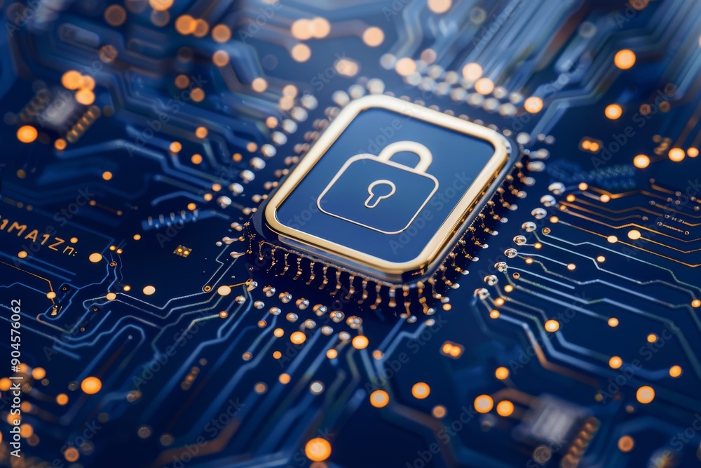 Poster blue microchip with central golden padlock, embodying high-level digital encryption and security in 
