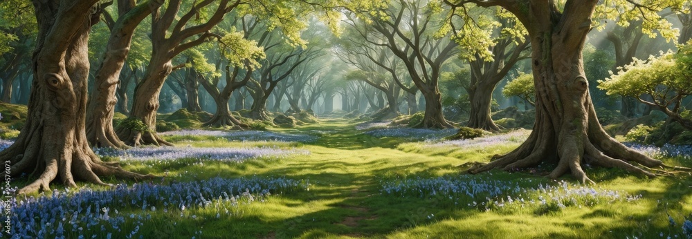 Poster magical forest path with bluebells.