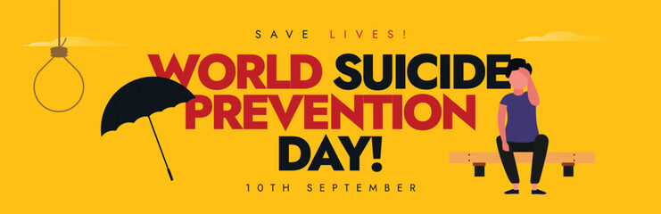 World Suicide Prevention Day conceptual cover banner. Suicide prevention day awareness banner with boy sitting on bench with thoughts in mind, hanging rope, umbrella. The day promotes mental health.