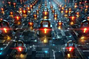 Illuminated red padlocks in a dense network environment, symbolizing alertness and proactive security in network operations.
