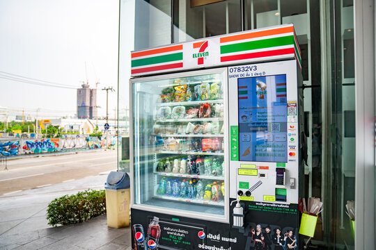 BANGKOK, THAILAND - 30 April, 2021: Seven eleven 7-11 vending machine is set up in front of SHOWDC main entrance. Bangkok Thailand.