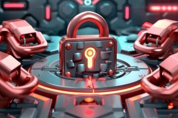 Naklejka premium Central red padlock commanding a network hub, illustrating centralized data security management.