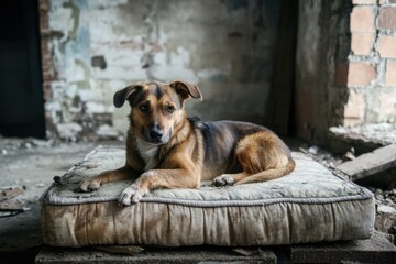 A stray dog ​​lies on an old mattress in an abandoned place. Garbage is visible around