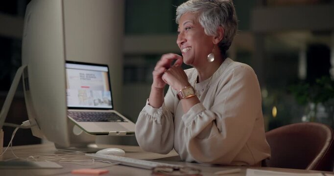 Computer, mature woman and celebration in office at night for good news, prize or bonus at startup. Excited, yes and manager dance for winning, success or clap for business deal with goal achievement