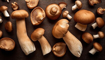 Variety of Fresh Brown Mushrooms on Wooden Surface
