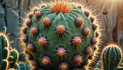 Close-up of a Prickly Pear Cactus with Spines and Buds