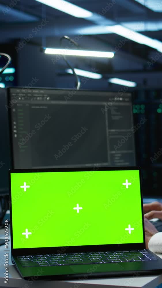 Poster vertical video admin in data center using isolated screen laptop to design, implement and manage gea