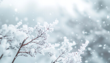 Delicate branches covered in fluffy snow during a gentle snowfall, creating a serene and peaceful winter wonderland.