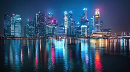 Fototapeta premium Evening view of Singapore s skyline, featuring both high-rise and low-rise buildings, with dazzling lights and a lively nighttime ambiance