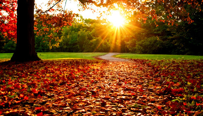 Endless Path through Autumn Nature Landscape Background with Sunset Vibe, Symbolizing Peace and Serenity in the Future