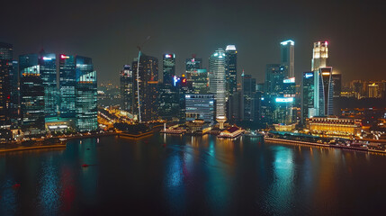 Evening view of Singapore s skyline, featuring both high-rise and low-rise buildings, with dazzling lights and a lively nighttime ambiance