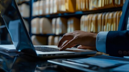 Document management system DMS, Enterprise content management, Businessman working on laptop computer with digital document, managing files data, paperless workflow, data search, cloud technology