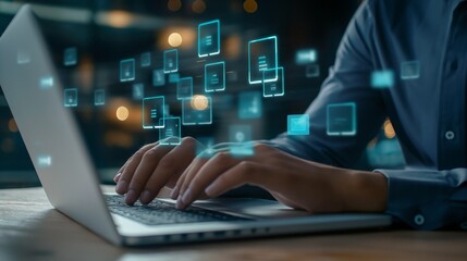 Document management system DMS, Enterprise content management, Businessman working on laptop computer with digital document, managing files data, paperless workflow, data search, cloud technology