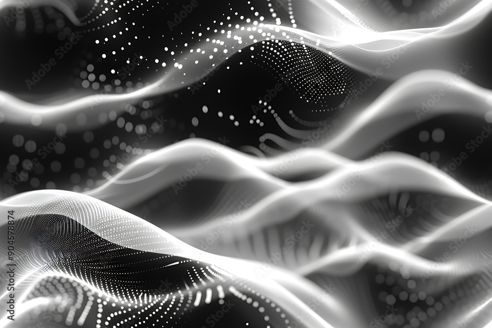 Poster seamless texture featuring dark waves with glowing dots and lines, creating a futuristic and dynamic