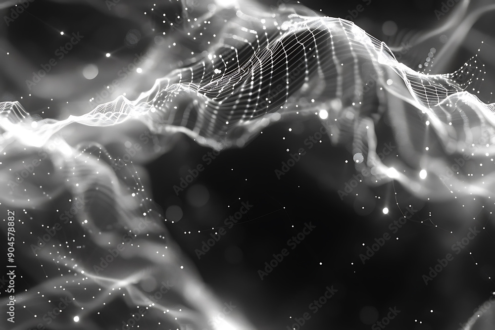 Poster seamless texture featuring dark waves with glowing dots and lines, creating a futuristic and dynamic