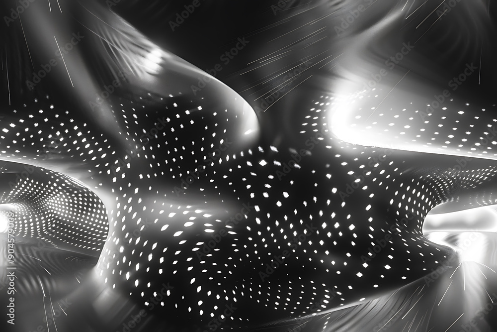 Poster seamless texture featuring dark waves with glowing dots and lines, creating a futuristic and dynamic