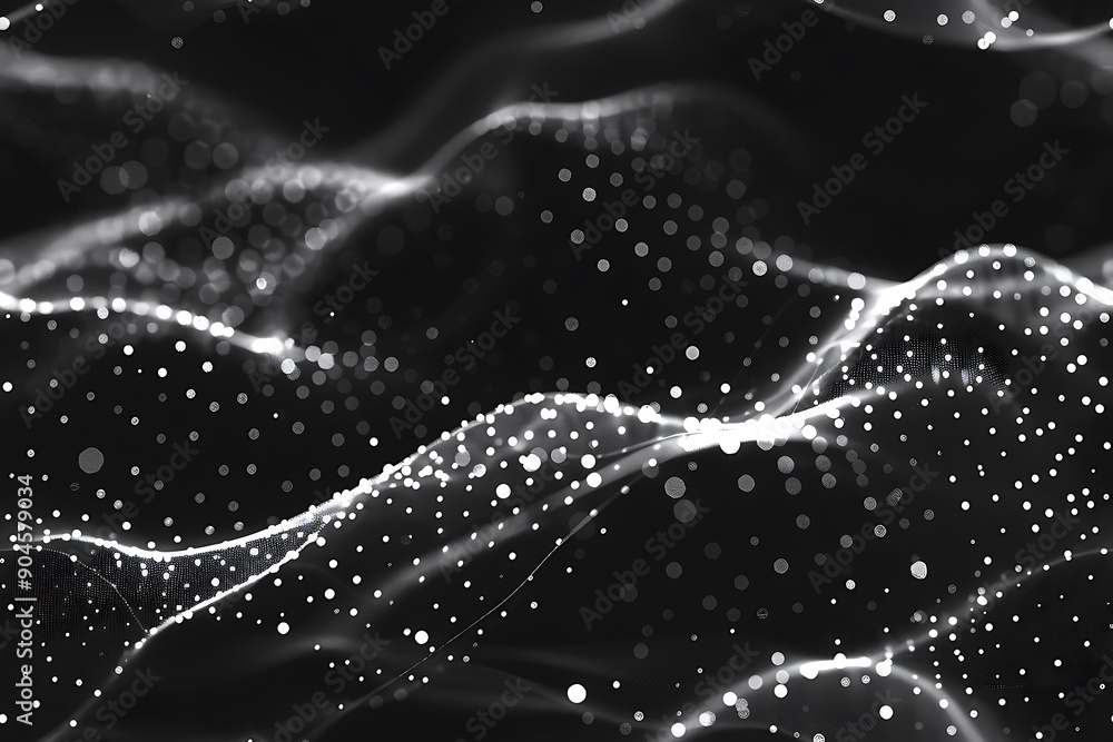 Poster seamless texture featuring dark waves with glowing dots and lines, creating a futuristic and dynamic