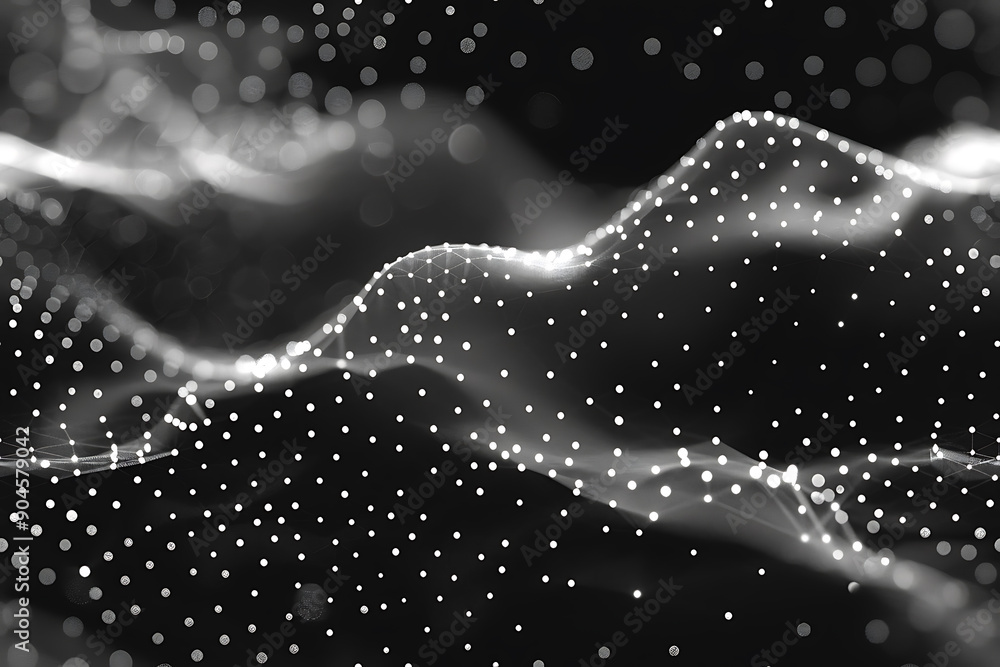 Poster seamless texture featuring dark waves with glowing dots and lines, creating a futuristic and dynamic