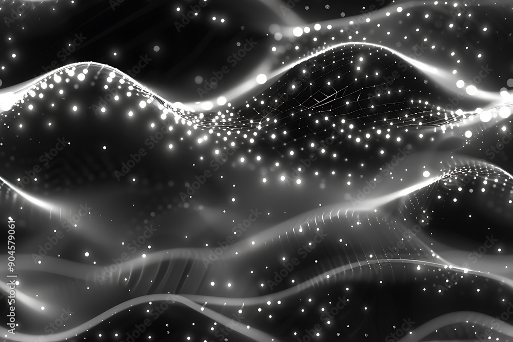 Poster seamless texture featuring dark waves with glowing dots and lines, creating a futuristic and dynamic
