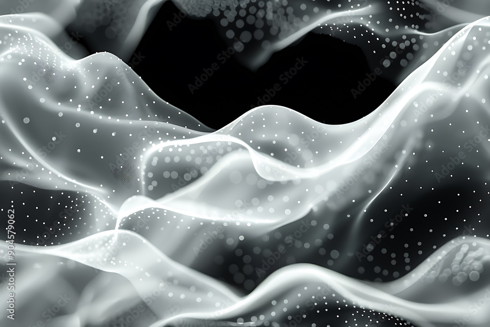 Poster seamless texture featuring dark waves with glowing dots and lines, creating a futuristic and dynamic