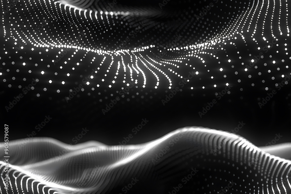 Poster seamless texture featuring dark waves with glowing dots and lines, creating a futuristic and dynamic