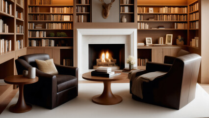Cozy Library Interior with Fireplace and Leather Armchairs