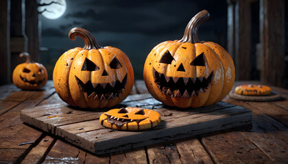 Obraz premium A spooky carved pumpkin with a jagged mouth and hollow eyes, sitting on a wooden table. The pumpkin is cracked and oozing with orange pulp, surrounded Halloween decorations. Halloween Concept.