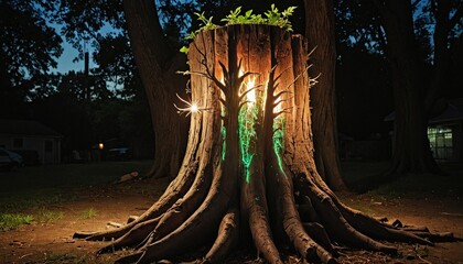 Glowing Tree Stump at Night.
