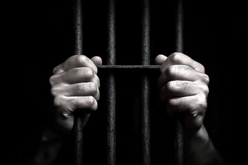 A person's hands holding the bars of their prison cell