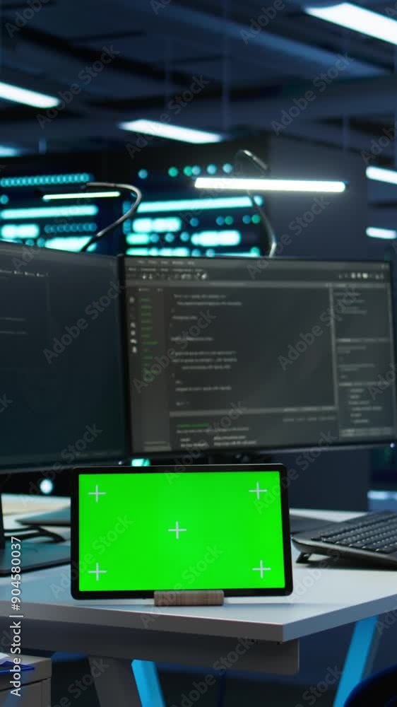 Poster vertical video data center developer responsible for installation of networking equipment solving ta