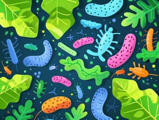 Garden microbiome, bacteria and leaves in motion, flat design illustration
