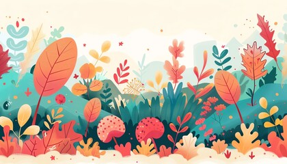 Naklejka premium Ecosystem harmony, bacteria and plants in a garden with autumn leaves, flat design illustration