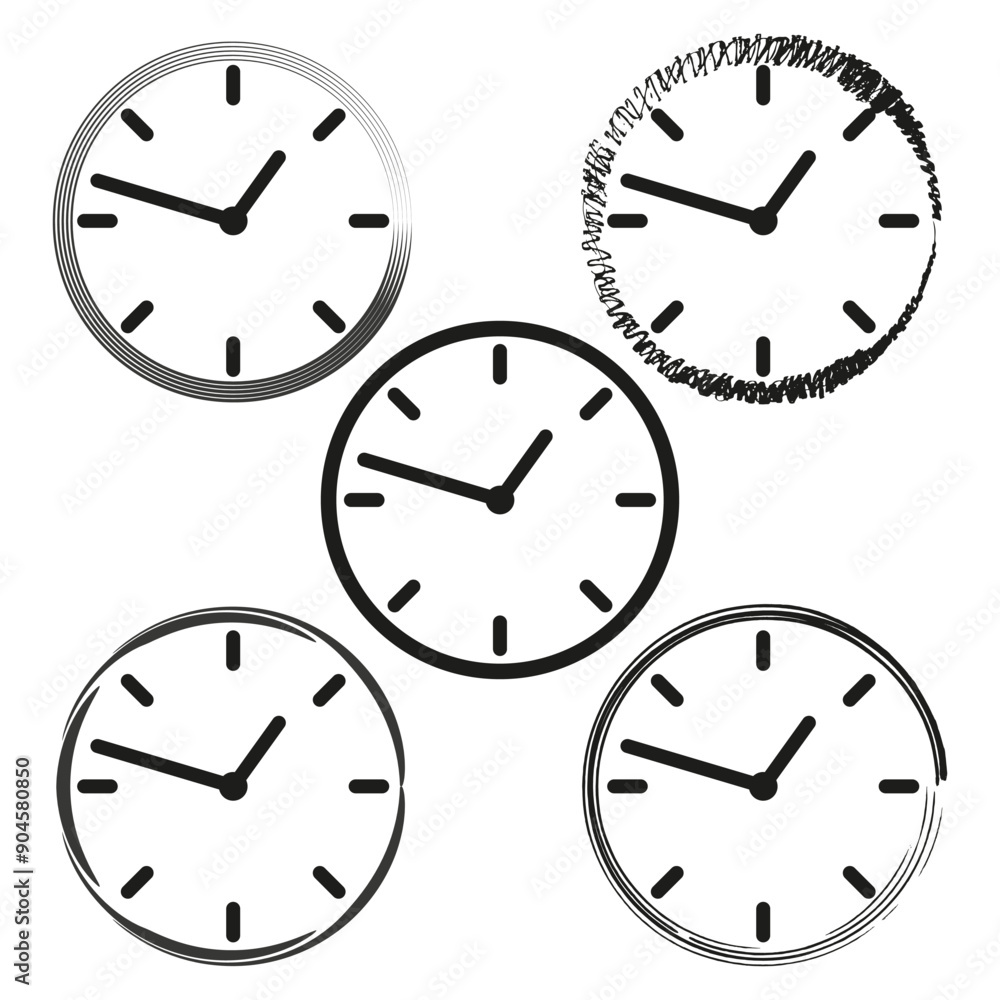 Poster hand drawn clock icons set. collection of analog clocks with various artistic styles. vector illustr