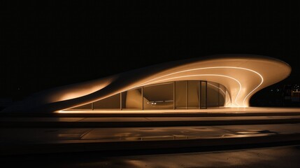 Abstract architectural form with flowing lines and organic shapes illuminated at night