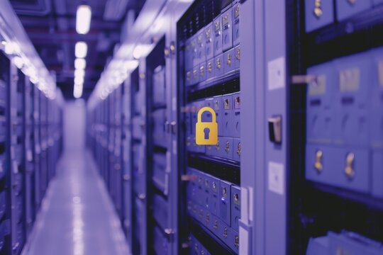 Futuristic data center corridor with digital padlocks securing server racks, emphasizing advanced network security.