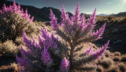 Purple Flowers in Desert Landscape.