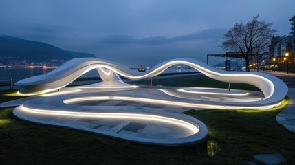 Abstract architectural form with flowing lines and organic shapes illuminated at night