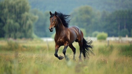 Fototapeta premium Bay Horse Running Through a Field